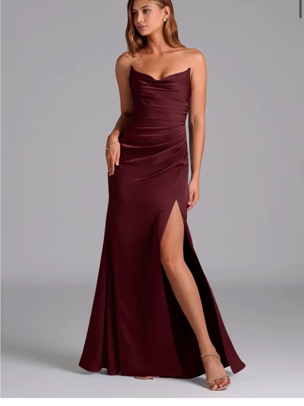 Azazie Burgundy Strapless Mermaid Gown with High Slit